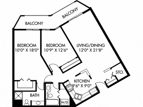 Floor plan for 2 beds, 2 baths, 1083 sqft